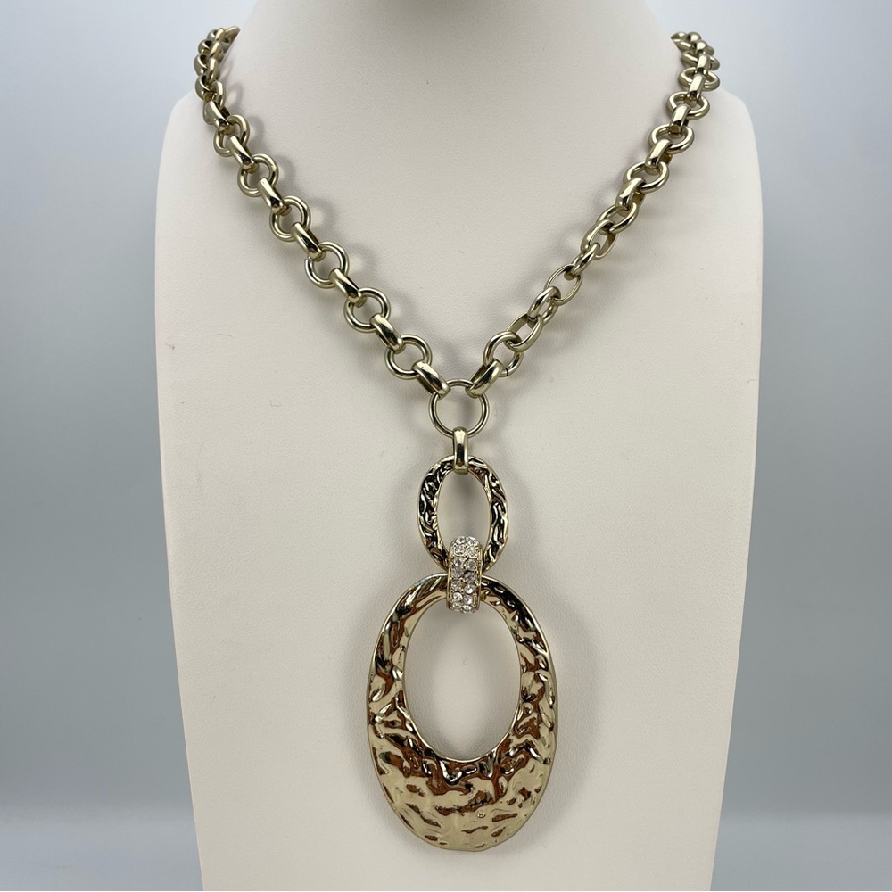 Gold Tone Hammered Look Double Hoop Pendant w/Clear Rhinestones Chain Necklace